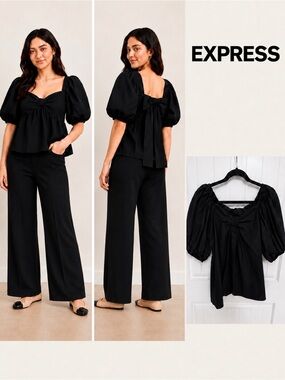 Express Black Puff Sleeve Bow-Back Poplin Blouse